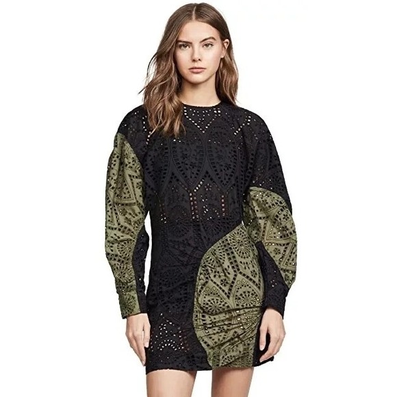GANNI Women's Broderie Anglaise Black Green Cotton Eyelet Mini Dress- Size 8 - Picture 1 of 12